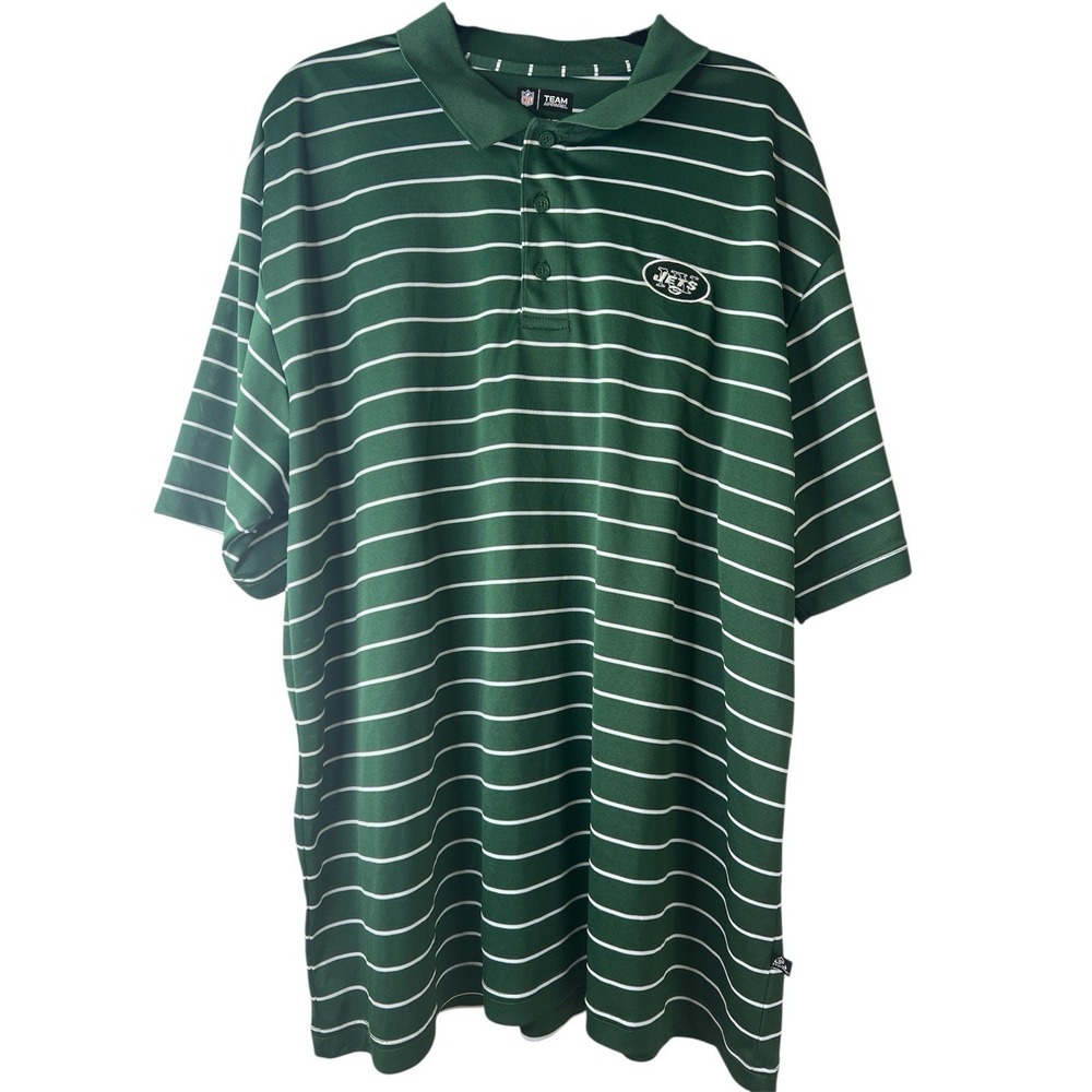 NFL Team Apparel New York Jets Polo Shirt Mens 2XL Green White Striped Short Slv